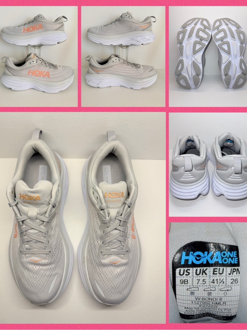 Hoka Bondi 8 Women’s Running Shoes - Light Gray with Peach Accents